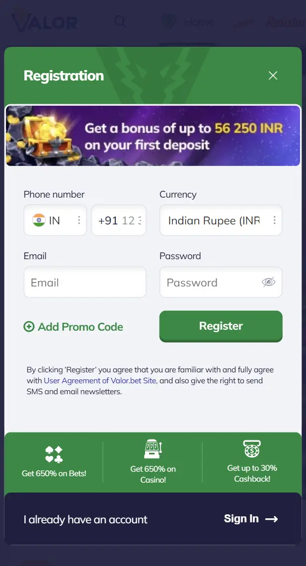 Register on Valor Bet now