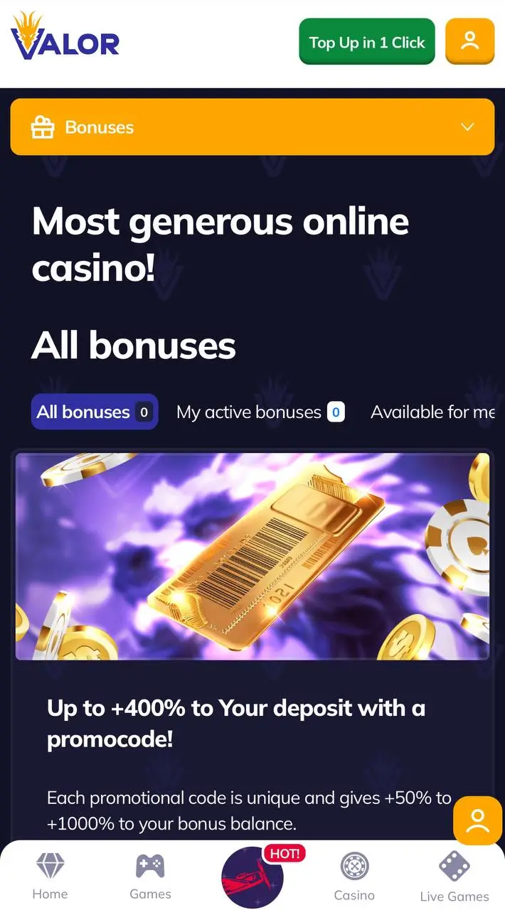 Valor mobile - get bonuses