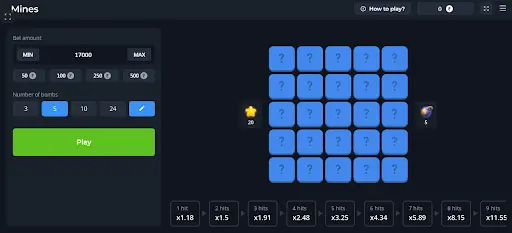 Mines game at Valor Casino: interface